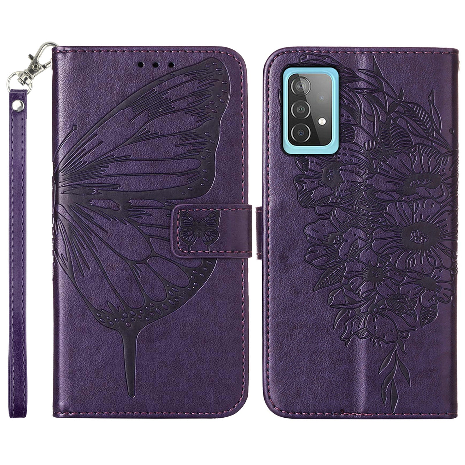 YB Imprinting Series-4 For Samsung Galaxy A52 4G / 5G / A52s 5G Butterfly Flower Imprinted PU Leather Stand Wallet Phone Case with Hand Strap