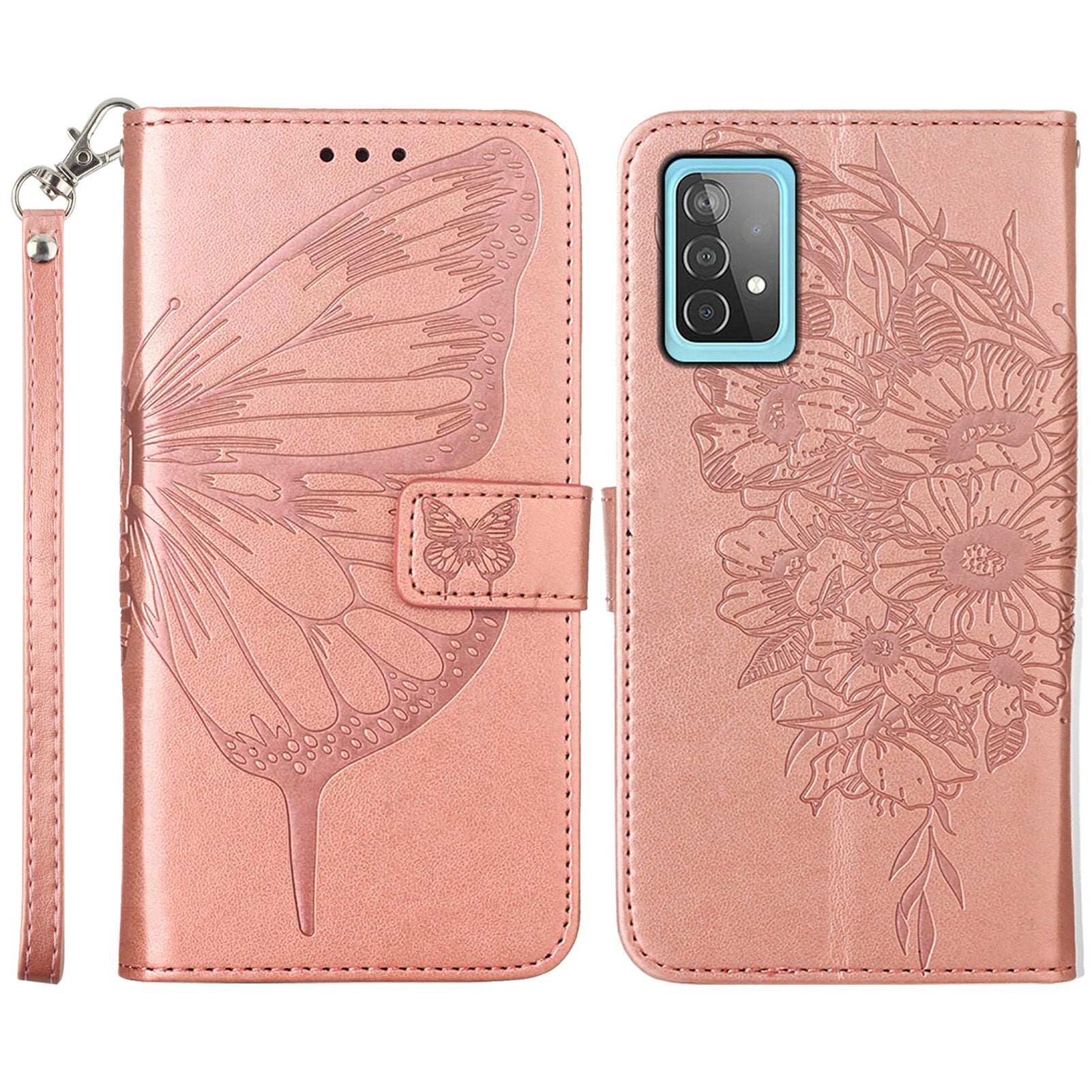 YB Imprinting Series-4 For Samsung Galaxy A52 4G / 5G / A52s 5G Butterfly Flower Imprinted PU Leather Stand Wallet Phone Case with Hand Strap