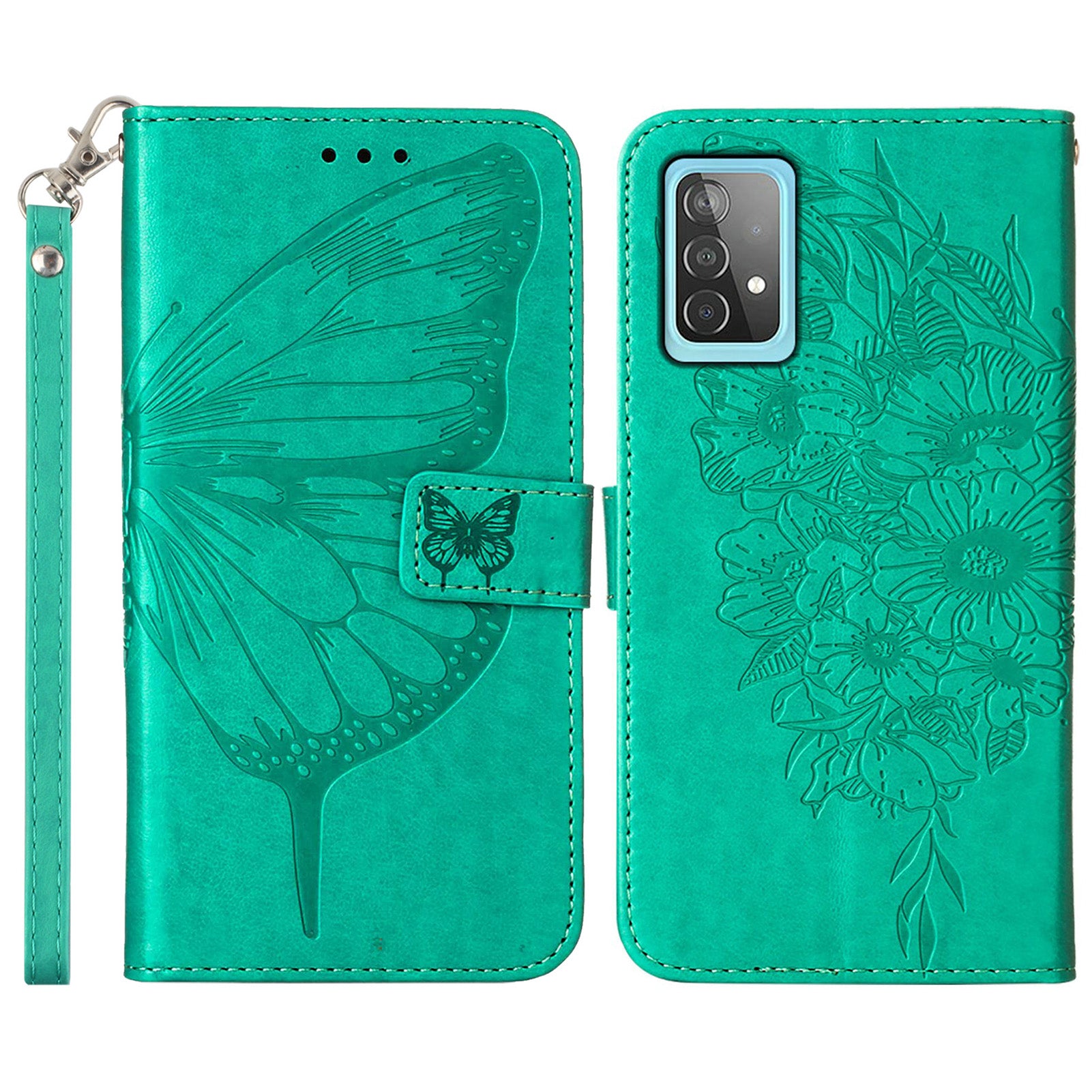 YB Imprinting Series-4 For Samsung Galaxy A52 4G / 5G / A52s 5G Butterfly Flower Imprinted PU Leather Stand Wallet Phone Case with Hand Strap