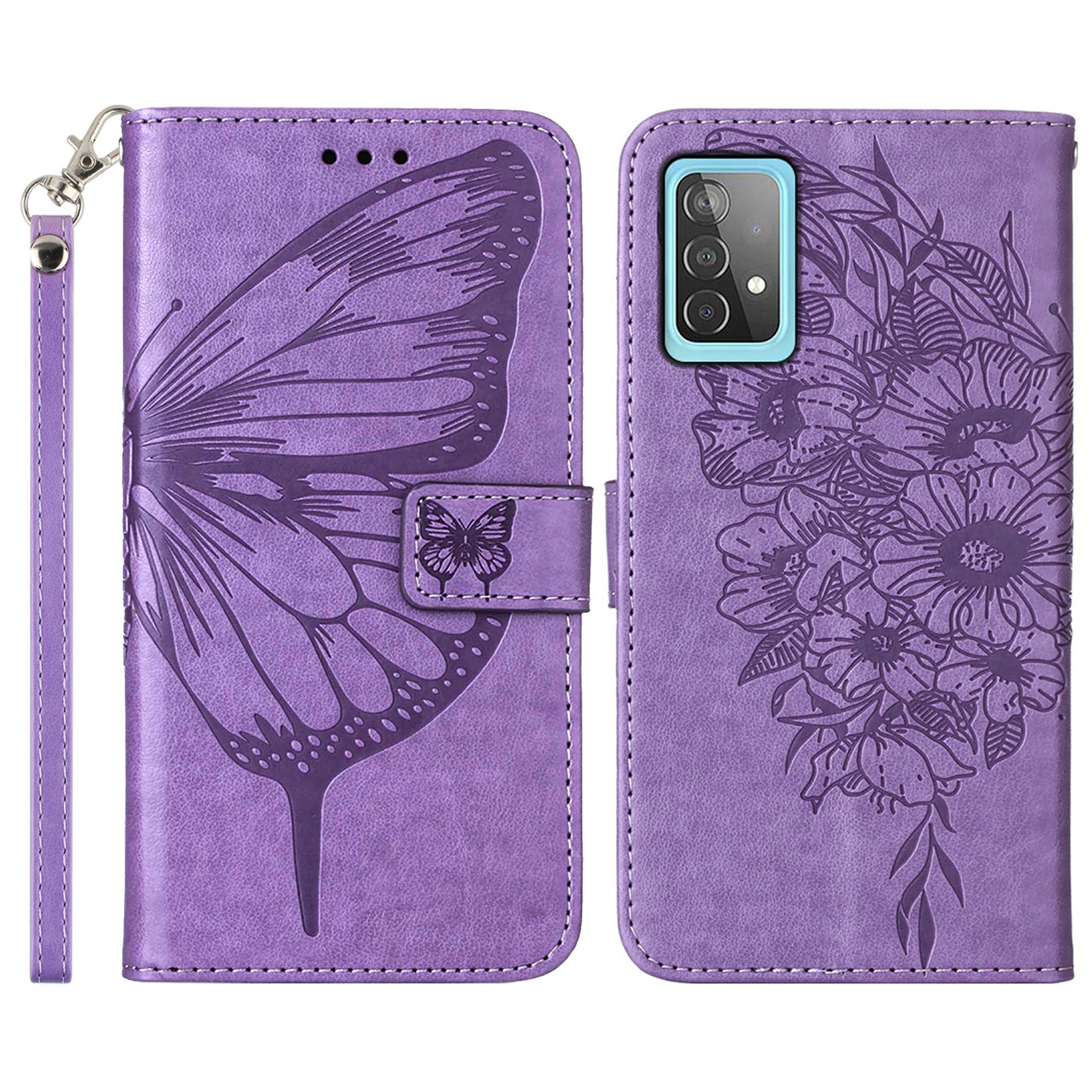 YB Imprinting Series-4 For Samsung Galaxy A52 4G / 5G / A52s 5G Butterfly Flower Imprinted PU Leather Stand Wallet Phone Case with Hand Strap