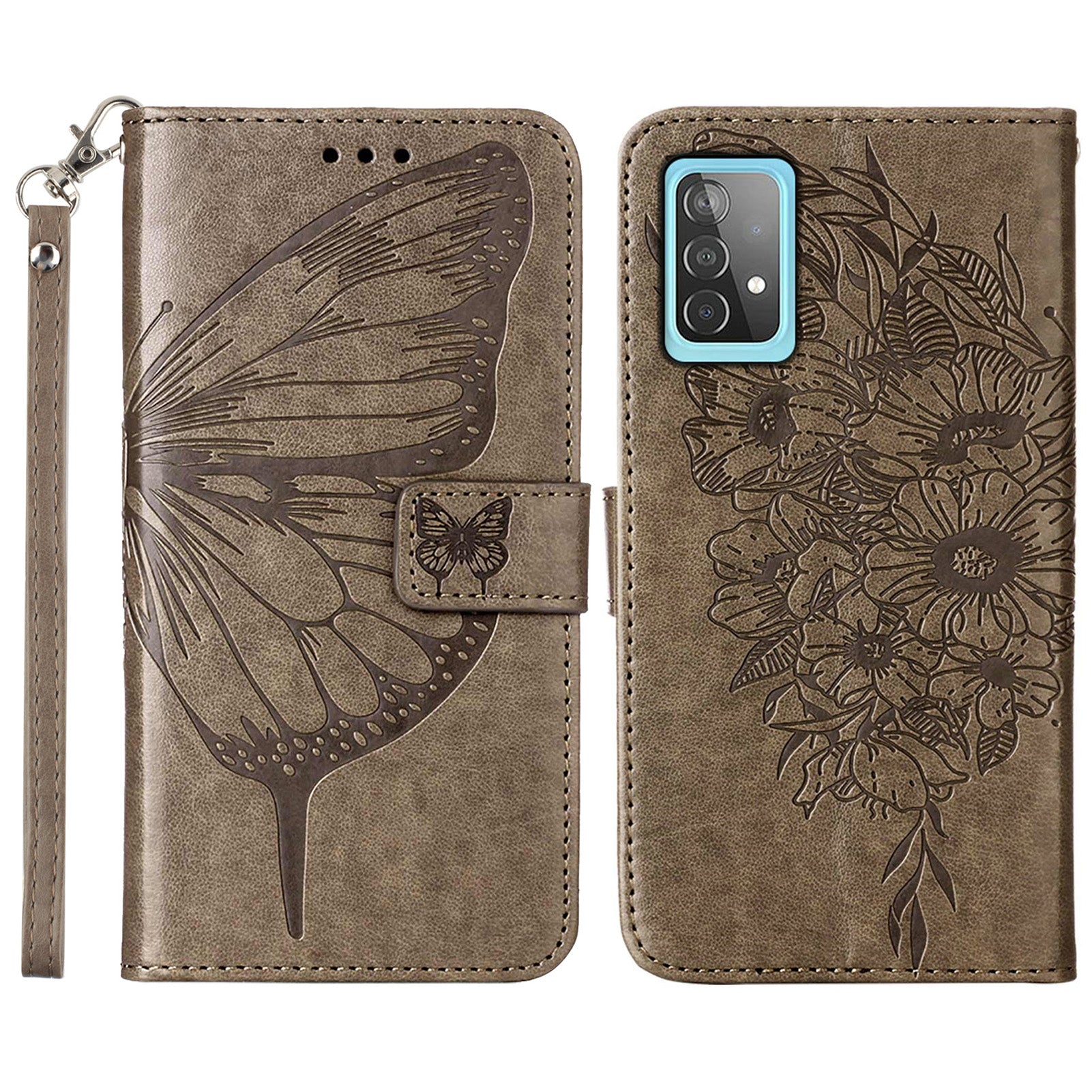 YB Imprinting Series-4 For Samsung Galaxy A52 4G / 5G / A52s 5G Butterfly Flower Imprinted PU Leather Stand Wallet Phone Case with Hand Strap
