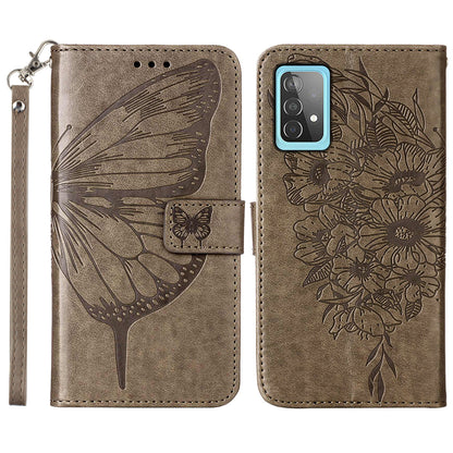 YB Imprinting Series-4 For Samsung Galaxy A52 4G / 5G / A52s 5G Butterfly Flower Imprinted PU Leather Stand Wallet Phone Case with Hand Strap