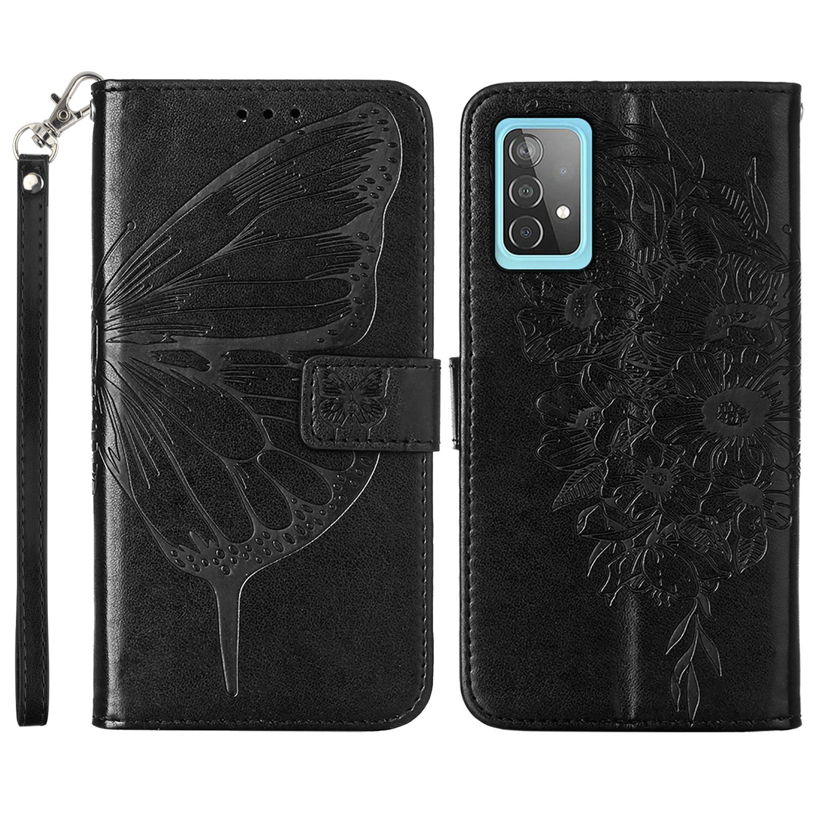 YB Imprinting Series-4 For Samsung Galaxy A52 4G / 5G / A52s 5G Butterfly Flower Imprinted PU Leather Stand Wallet Phone Case with Hand Strap