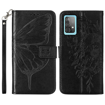 YB Imprinting Series-4 For Samsung Galaxy A52 4G / 5G / A52s 5G Butterfly Flower Imprinted PU Leather Stand Wallet Phone Case with Hand Strap