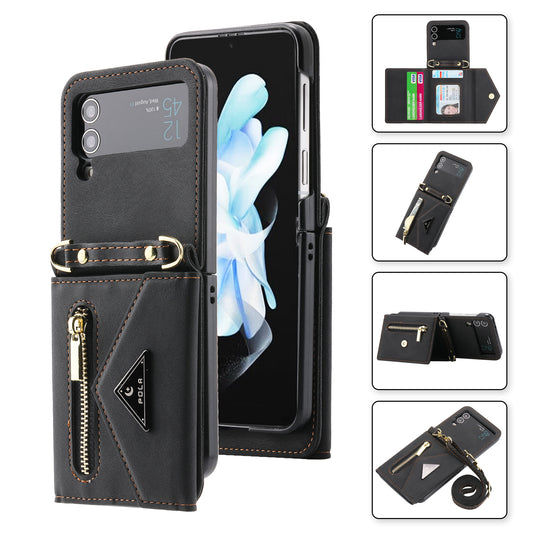 POLA For Samsung Galaxy Z Flip4 5G Multiple Card Slots Zipper Pocket Kickstand PU Leather Phone Cover with Shoulder Strap