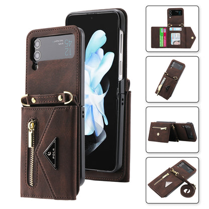 POLA For Samsung Galaxy Z Flip4 5G Multiple Card Slots Zipper Pocket Kickstand PU Leather Phone Cover with Shoulder Strap