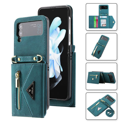 POLA For Samsung Galaxy Z Flip4 5G Multiple Card Slots Zipper Pocket Kickstand PU Leather Phone Cover with Shoulder Strap