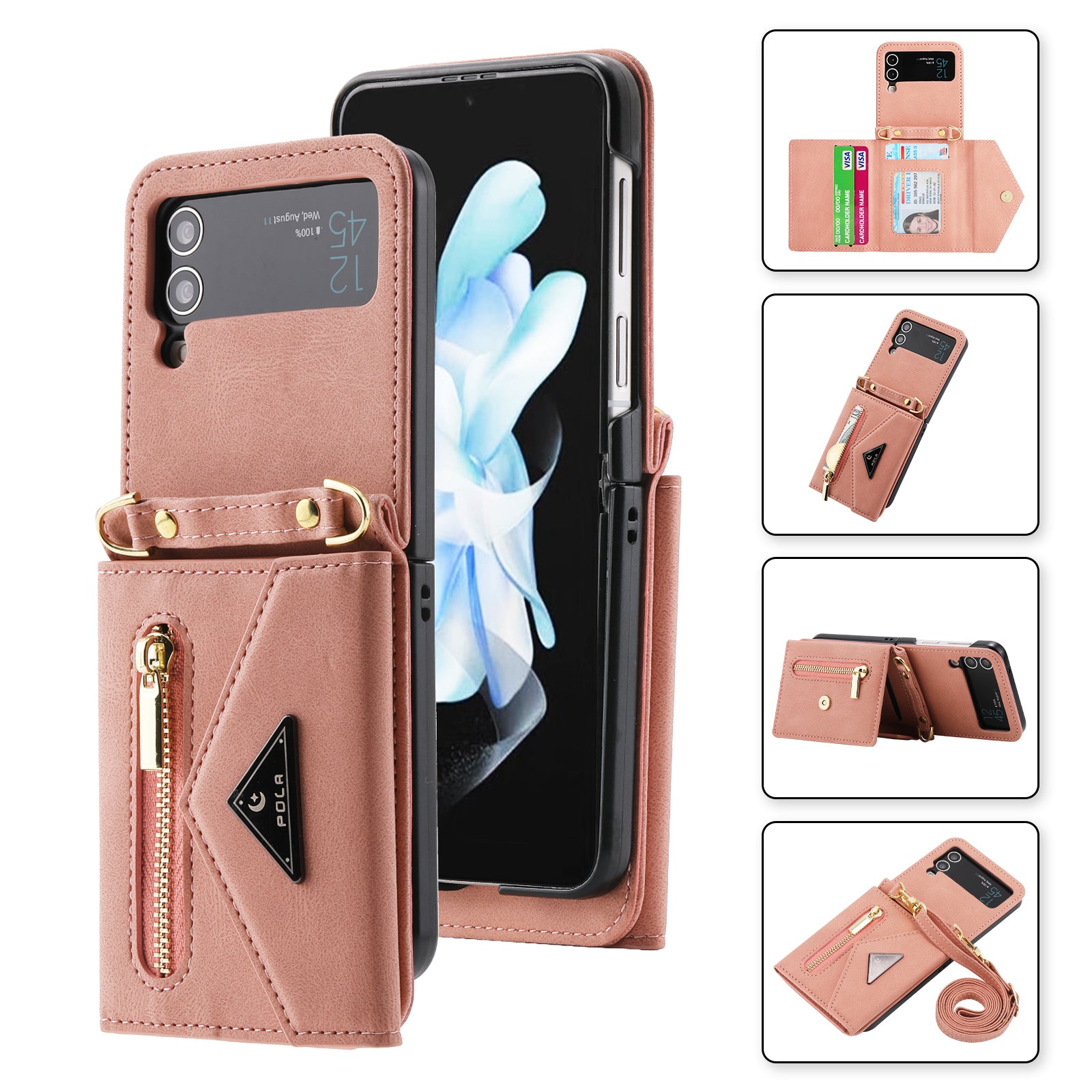 POLA For Samsung Galaxy Z Flip4 5G Multiple Card Slots Zipper Pocket Kickstand PU Leather Phone Cover with Shoulder Strap