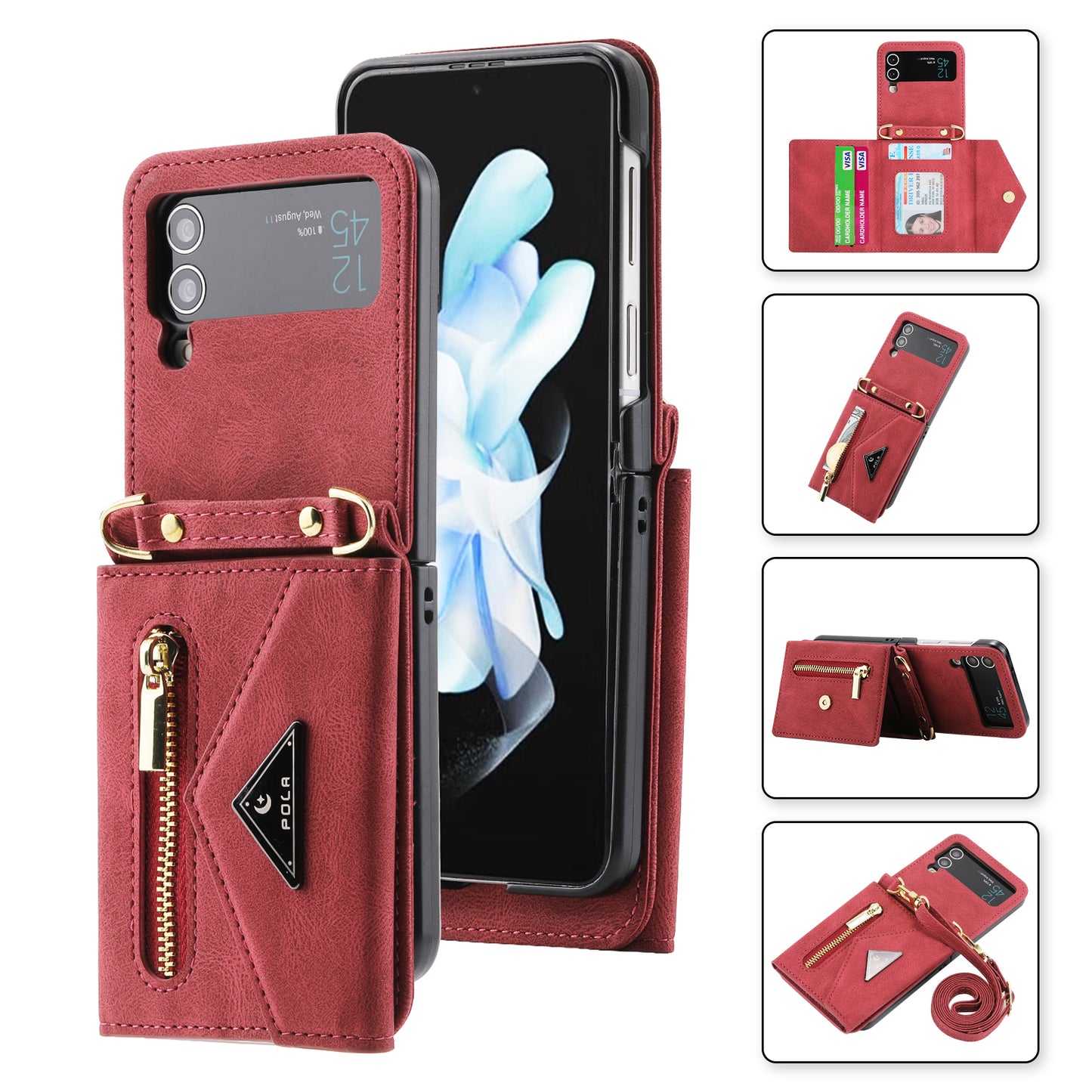 POLA For Samsung Galaxy Z Flip4 5G Multiple Card Slots Zipper Pocket Kickstand PU Leather Phone Cover with Shoulder Strap
