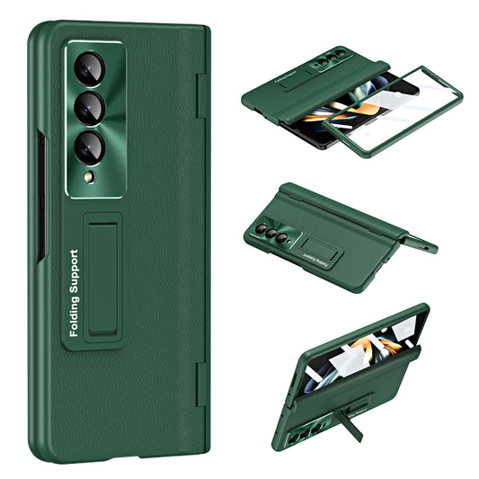 For Samsung Galaxy Z Fold3 5G Leather Coated PC Phone Case Hinge Protection Kickstand Cover with Tempered Glass Film