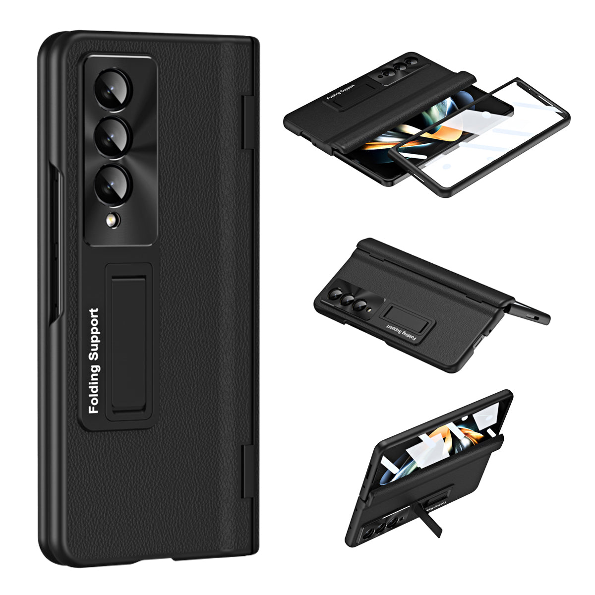 For Samsung Galaxy Z Fold3 5G Leather Coated PC Phone Case Hinge Protection Kickstand Cover with Tempered Glass Film