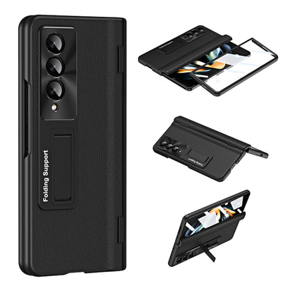 For Samsung Galaxy Z Fold3 5G Leather Coated PC Phone Case Hinge Protection Kickstand Cover with Tempered Glass Film