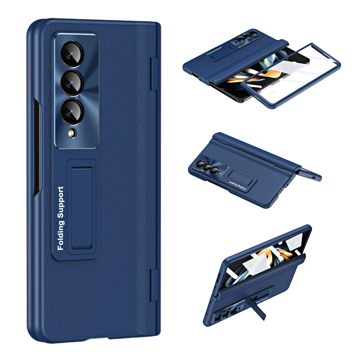 For Samsung Galaxy Z Fold3 5G Leather Coated PC Phone Case Hinge Protection Kickstand Cover with Tempered Glass Film