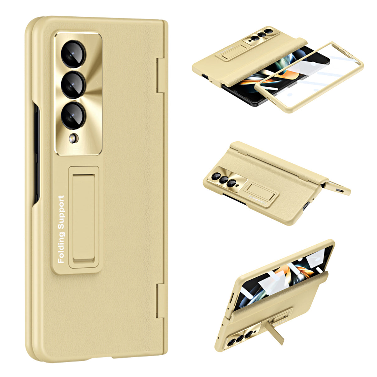 For Samsung Galaxy Z Fold3 5G Leather Coated PC Phone Case Hinge Protection Kickstand Cover with Tempered Glass Film