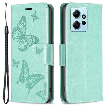Wallet Stand Case for Xiaomi Redmi Note 12 4G Butterfly Imprinted Leather Phone Cover with Strap