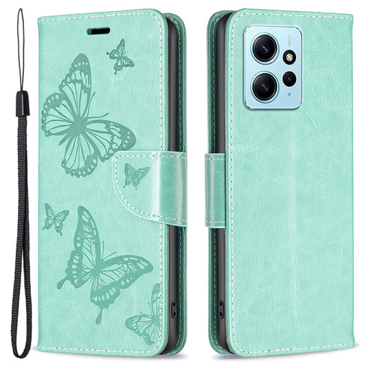 Wallet Stand Case for Xiaomi Redmi Note 12 4G Butterfly Imprinted Leather Phone Cover with Strap