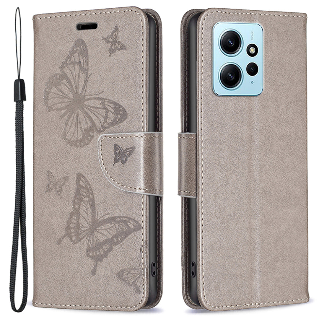 Wallet Stand Case for Xiaomi Redmi Note 12 4G Butterfly Imprinted Leather Phone Cover with Strap