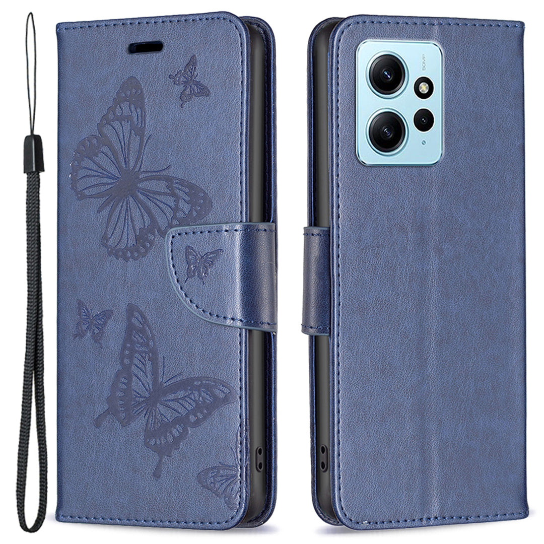 Wallet Stand Case for Xiaomi Redmi Note 12 4G Butterfly Imprinted Leather Phone Cover with Strap
