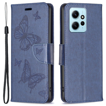 Wallet Stand Case for Xiaomi Redmi Note 12 4G Butterfly Imprinted Leather Phone Cover with Strap