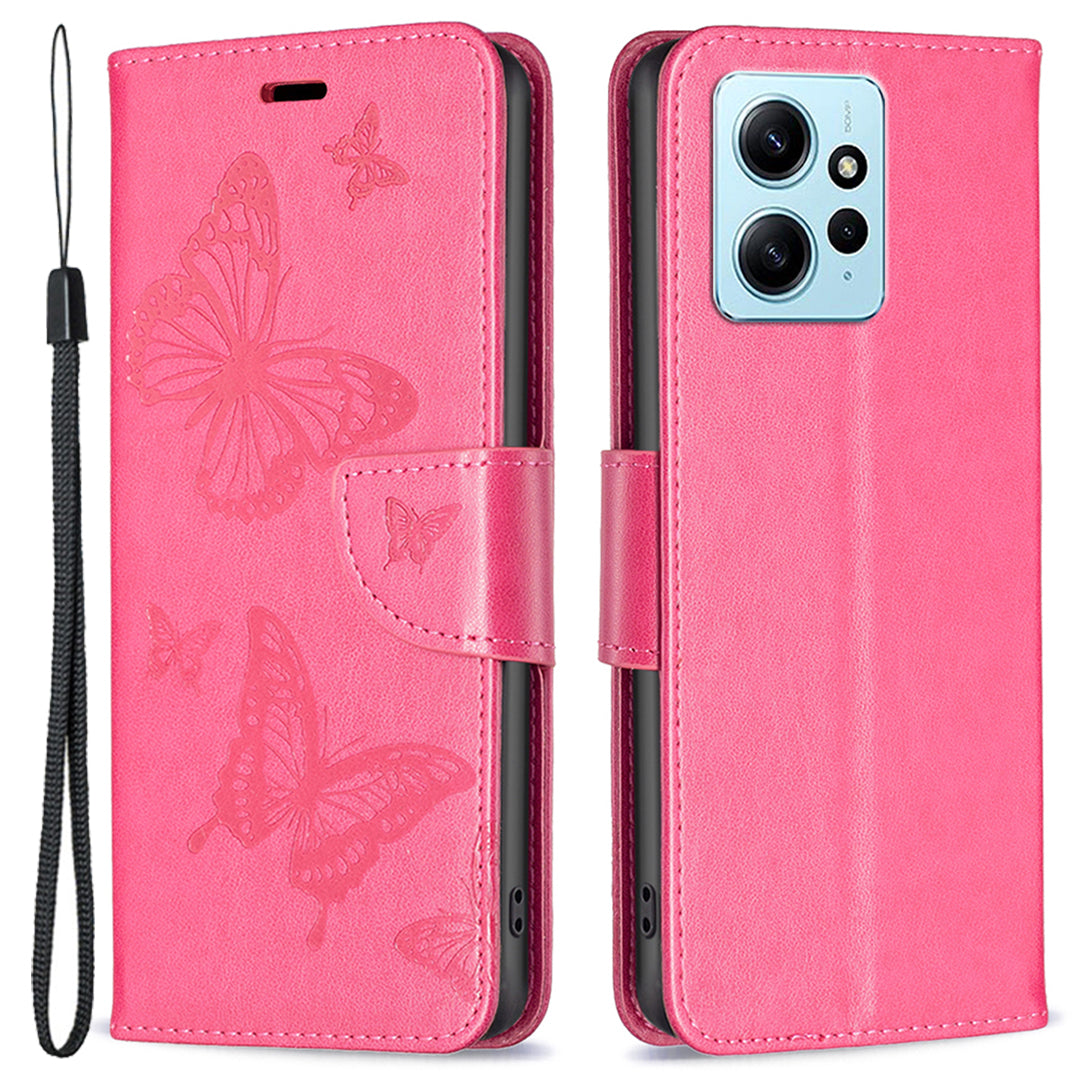 Wallet Stand Case for Xiaomi Redmi Note 12 4G Butterfly Imprinted Leather Phone Cover with Strap