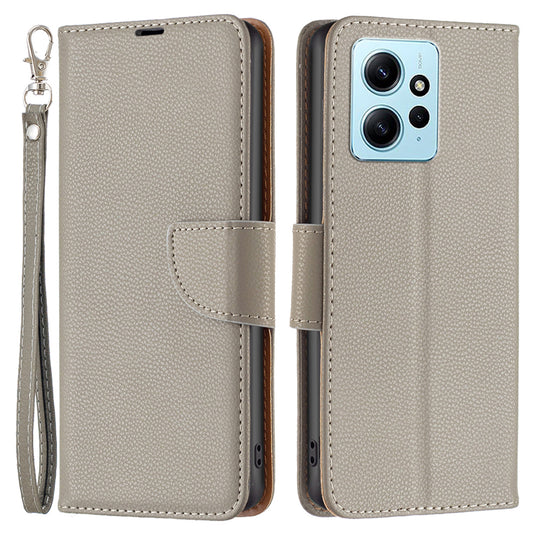 Wallet Cover for Xiaomi Redmi Note 12 4G PU Leather Litchi Texture Flip Stand Phone Case with Strap