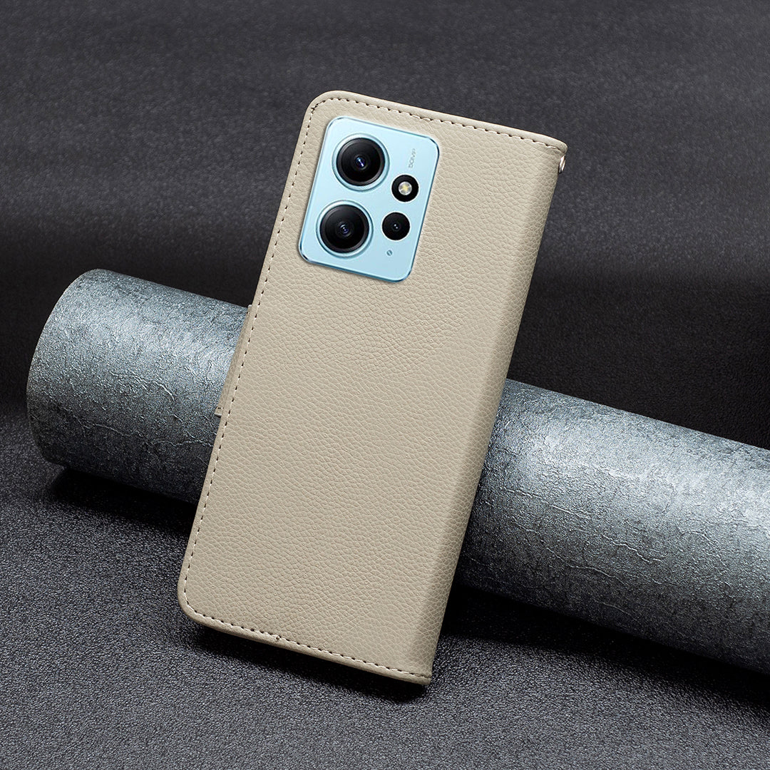 Wallet Cover for Xiaomi Redmi Note 12 4G PU Leather Litchi Texture Flip Stand Phone Case with Strap