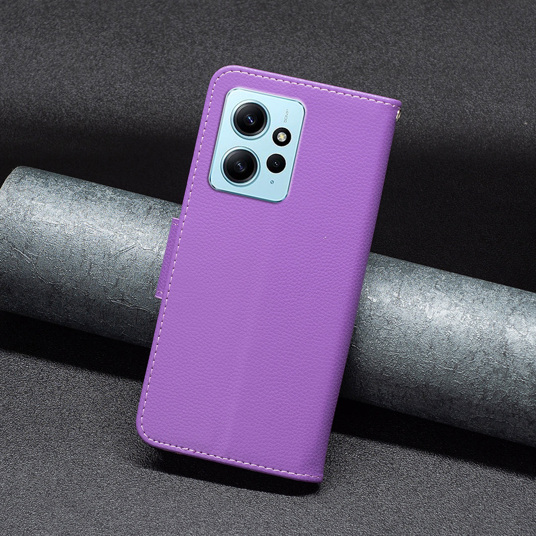 Wallet Cover for Xiaomi Redmi Note 12 4G PU Leather Litchi Texture Flip Stand Phone Case with Strap
