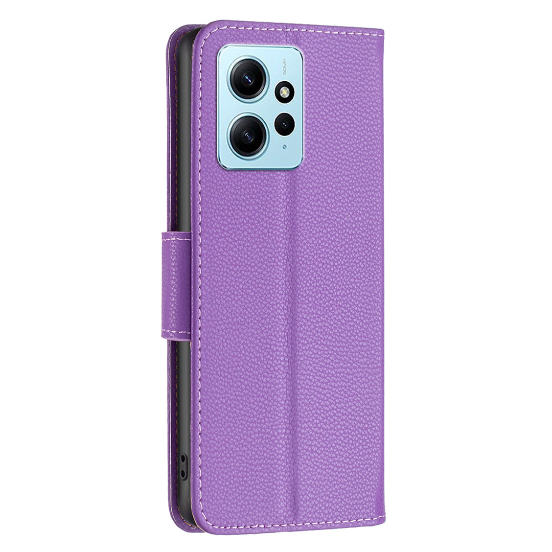 Wallet Cover for Xiaomi Redmi Note 12 4G PU Leather Litchi Texture Flip Stand Phone Case with Strap