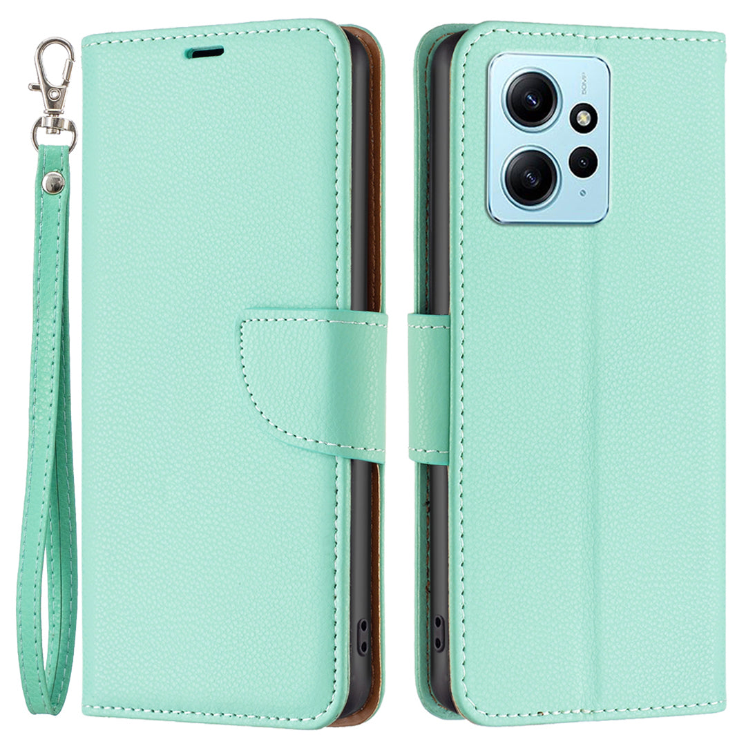 Wallet Cover for Xiaomi Redmi Note 12 4G PU Leather Litchi Texture Flip Stand Phone Case with Strap