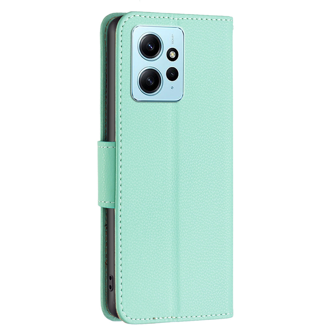 Wallet Cover for Xiaomi Redmi Note 12 4G PU Leather Litchi Texture Flip Stand Phone Case with Strap