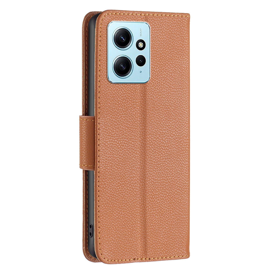 Wallet Cover for Xiaomi Redmi Note 12 4G PU Leather Litchi Texture Flip Stand Phone Case with Strap