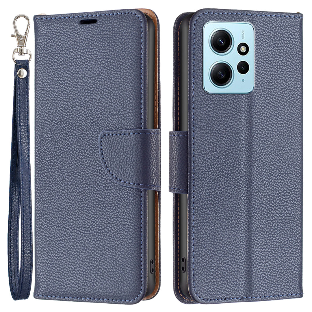 Wallet Cover for Xiaomi Redmi Note 12 4G PU Leather Litchi Texture Flip Stand Phone Case with Strap