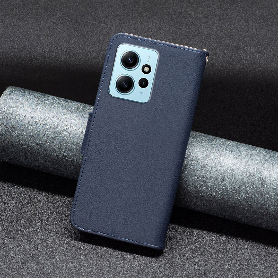 Wallet Cover for Xiaomi Redmi Note 12 4G PU Leather Litchi Texture Flip Stand Phone Case with Strap