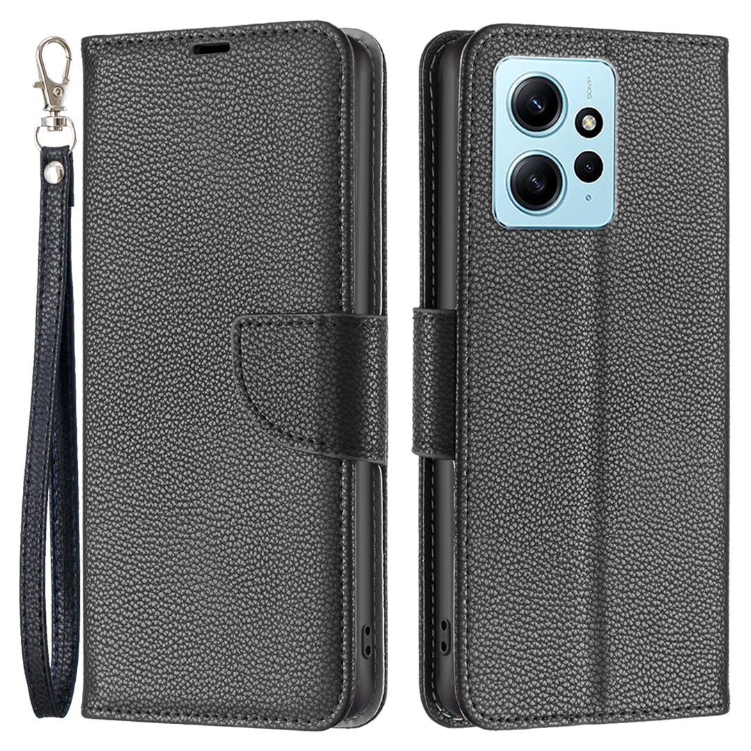 Wallet Cover for Xiaomi Redmi Note 12 4G PU Leather Litchi Texture Flip Stand Phone Case with Strap