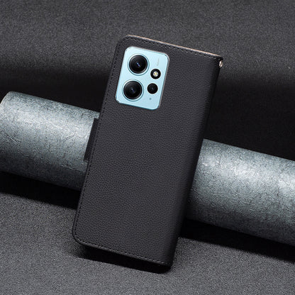 Wallet Cover for Xiaomi Redmi Note 12 4G PU Leather Litchi Texture Flip Stand Phone Case with Strap