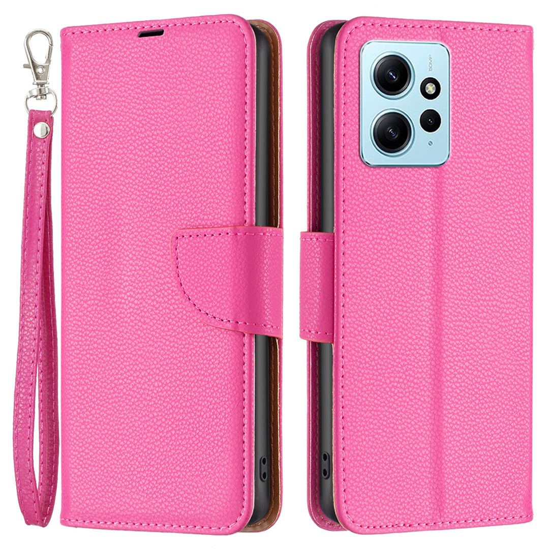 Wallet Cover for Xiaomi Redmi Note 12 4G PU Leather Litchi Texture Flip Stand Phone Case with Strap