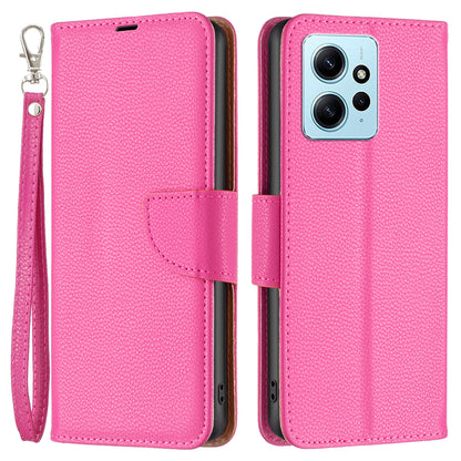 Wallet Cover for Xiaomi Redmi Note 12 4G PU Leather Litchi Texture Flip Stand Phone Case with Strap