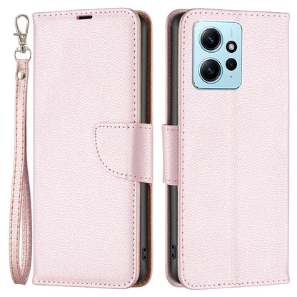 Wallet Cover for Xiaomi Redmi Note 12 4G PU Leather Litchi Texture Flip Stand Phone Case with Strap