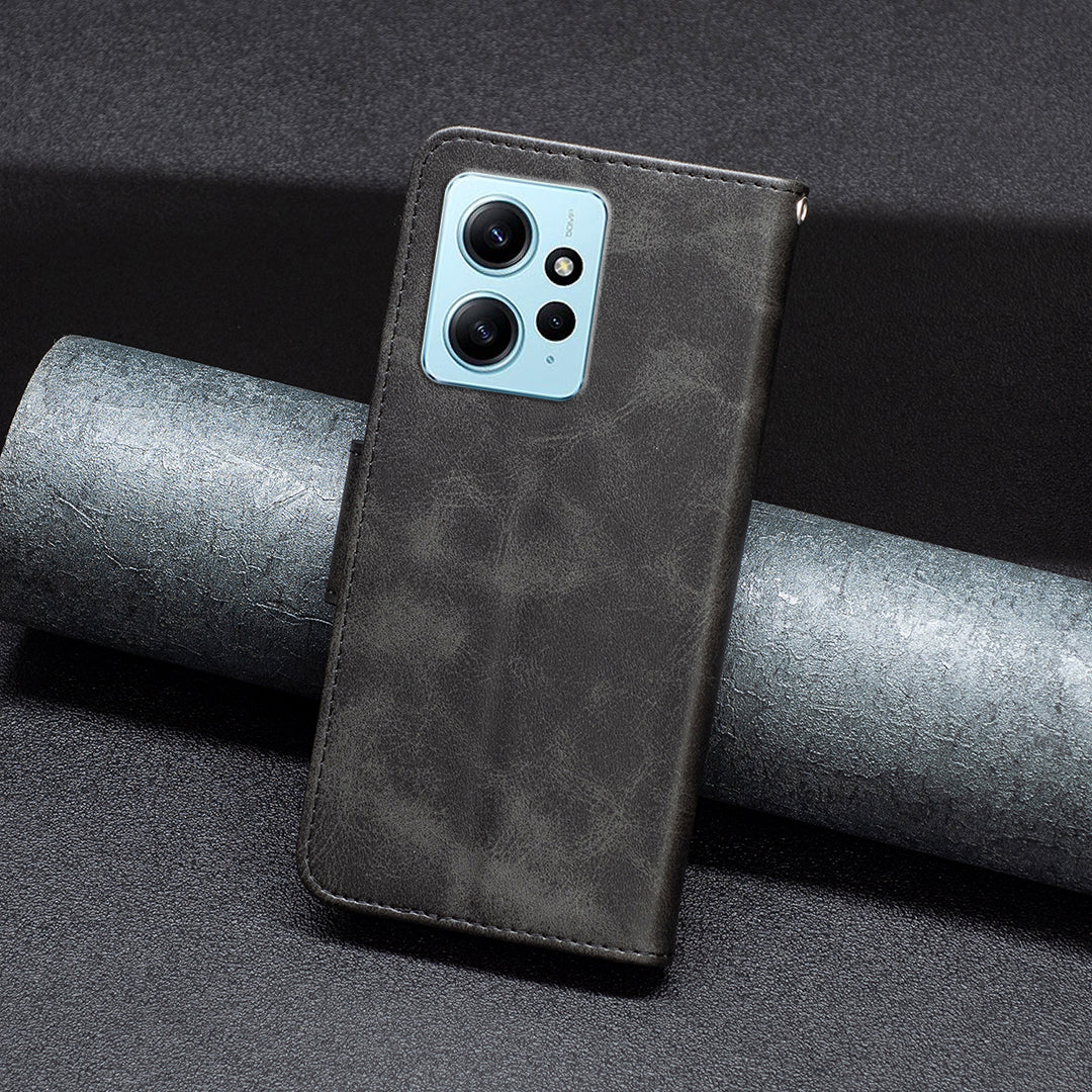 Wallet Shell for Xiaomi Redmi Note 12 4G Solid Color Shockproof Stand Case Textured PU Leather Phone Cover