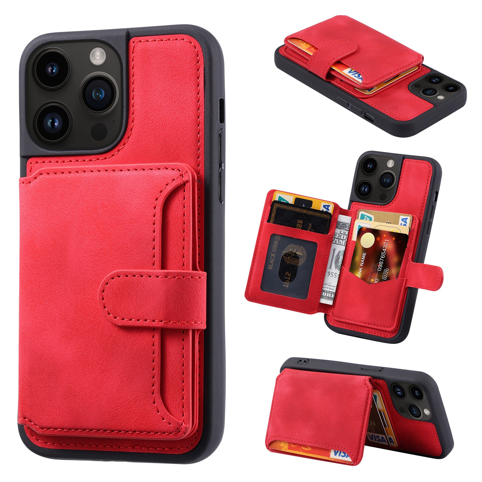 For iPhone 14 Pro Max Phone Wallet Case RFID Blocking Leather Coated TPU Kickstand Cover