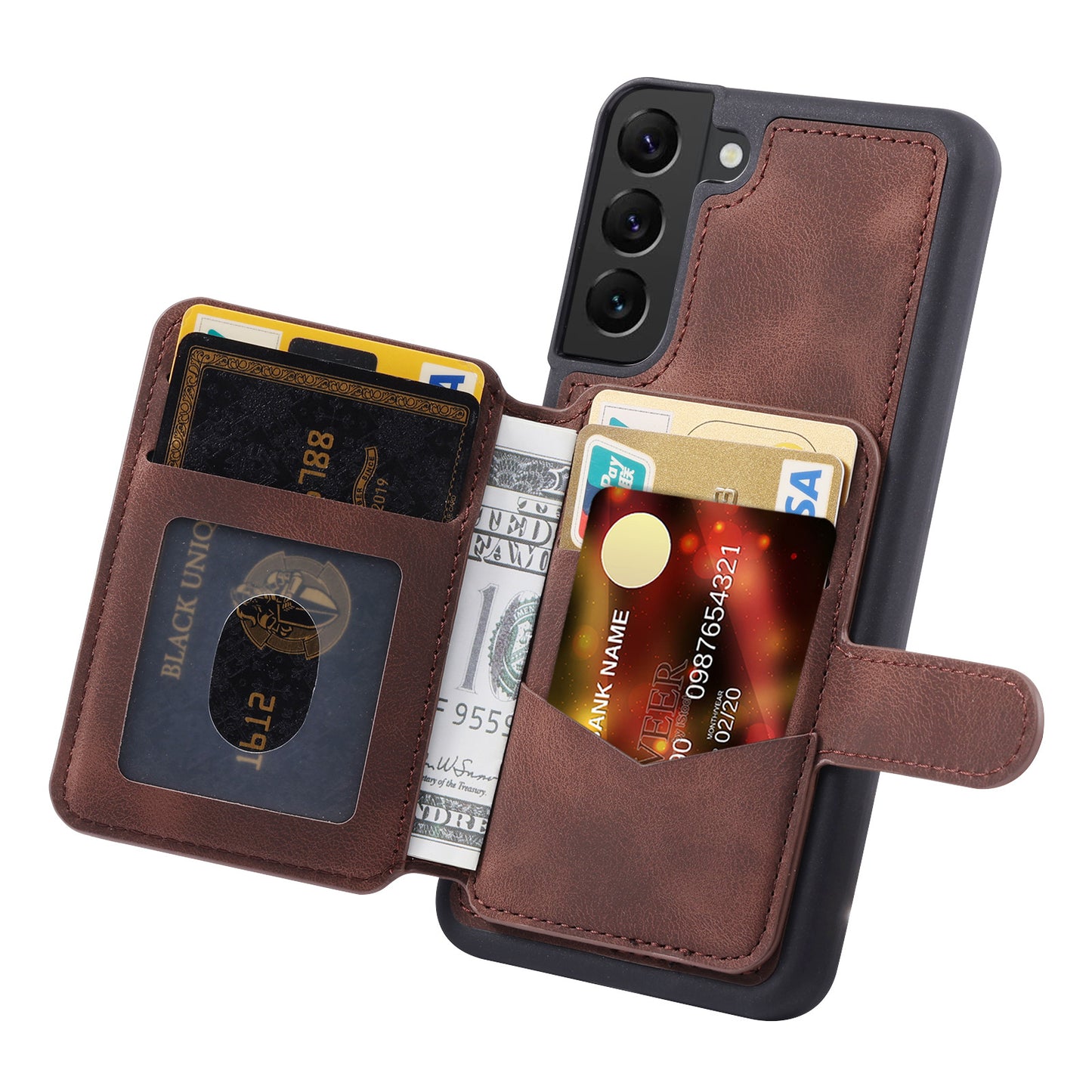 For Samsung Galaxy S22 5G RFID Blocking Phone Case Leather Coated TPU Kickstand Wallet Phone Cover