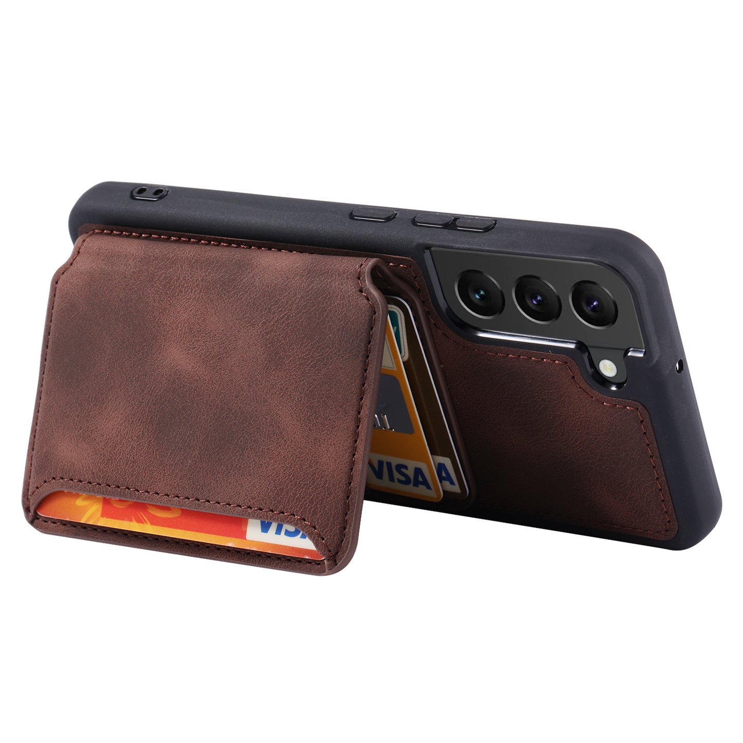 For Samsung Galaxy S22 5G RFID Blocking Phone Case Leather Coated TPU Kickstand Wallet Phone Cover