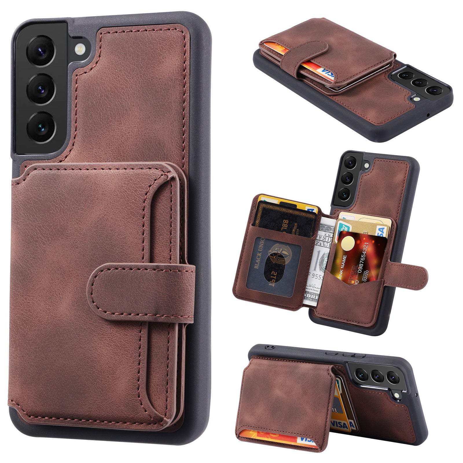 For Samsung Galaxy S22+ 5G Wallet RFID Blocking Phone Cover Kickstand Leather Coated TPU Case