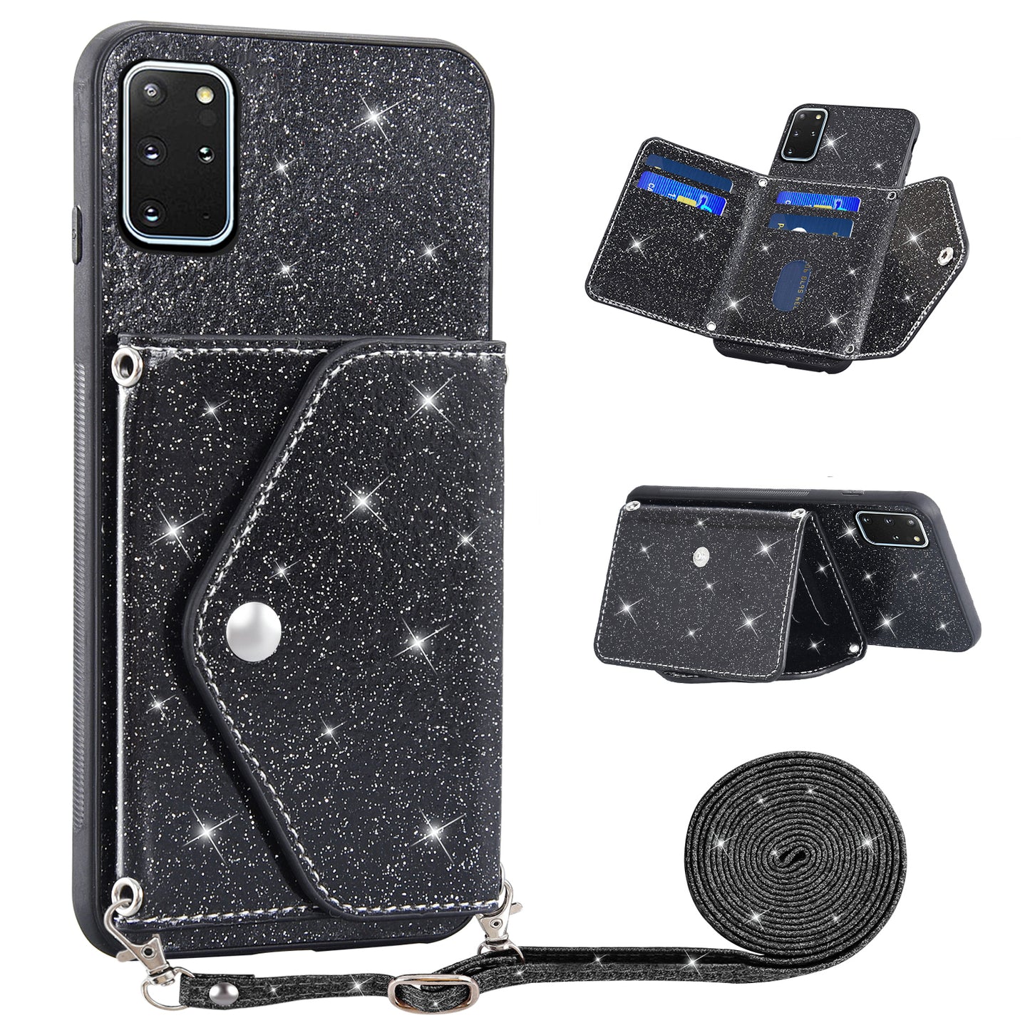 For Samsung Galaxy S20 Plus 4G / 5G Glitter Phone Case Leather Coated TPU Card Holder Cover with Kickstand