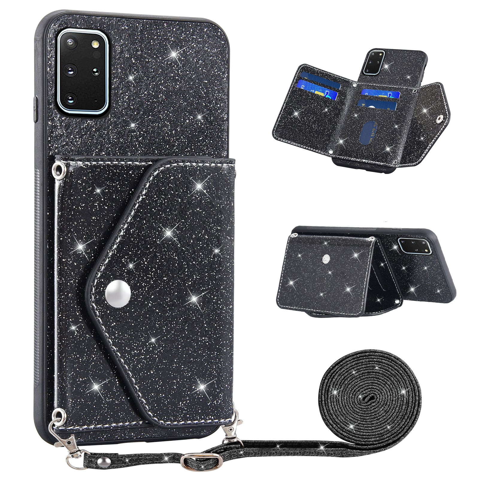 For Samsung Galaxy S20 Plus 4G / 5G Glitter Phone Case Leather Coated TPU Card Holder Cover with Kickstand