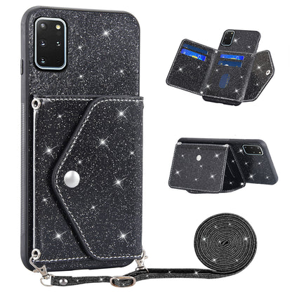 For Samsung Galaxy S20 Plus 4G / 5G Glitter Phone Case Leather Coated TPU Card Holder Cover with Kickstand