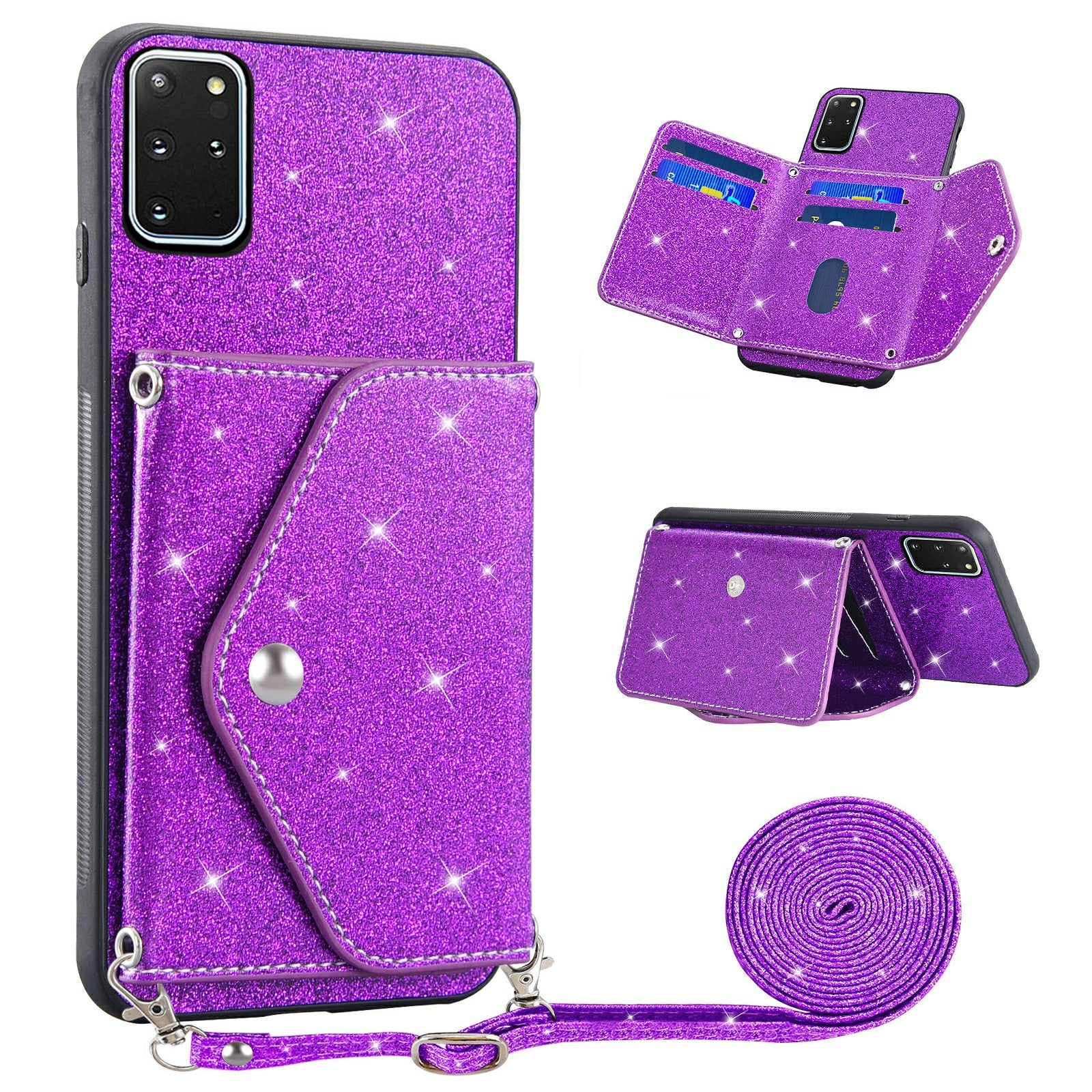 For Samsung Galaxy S20 Plus 4G / 5G Glitter Phone Case Leather Coated TPU Card Holder Cover with Kickstand