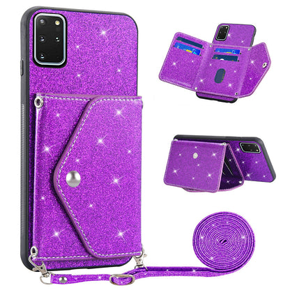 For Samsung Galaxy S20 Plus 4G / 5G Glitter Phone Case Leather Coated TPU Card Holder Cover with Kickstand