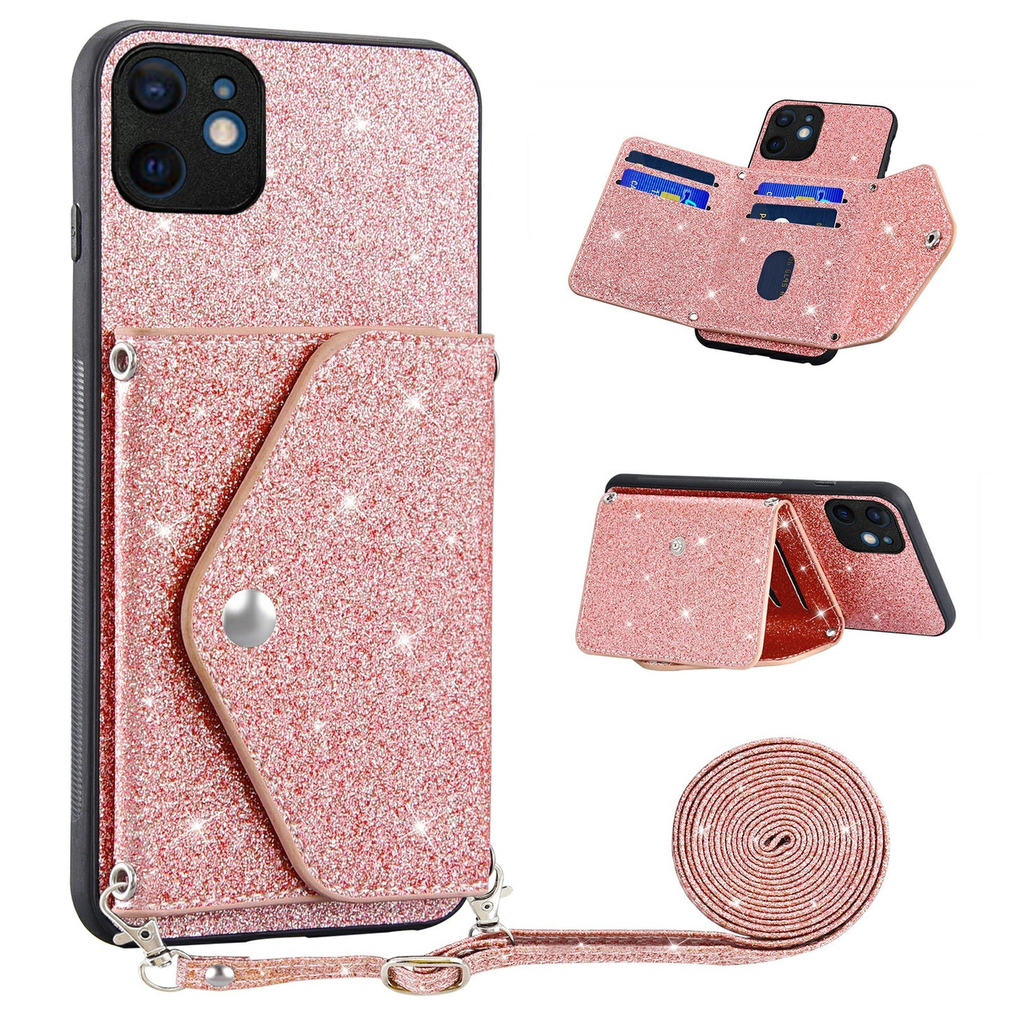 For iPhone 12 mini 5.4 inch Shoulder Strap Phone Case Kickstand Card Holder Cover with Glittery Powder Decor