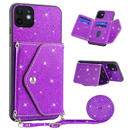 For iPhone 12 mini 5.4 inch Shoulder Strap Phone Case Kickstand Card Holder Cover with Glittery Powder Decor